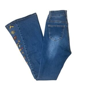 Flare Leg Mid-rise Jeans Boho Floral Embroidery Bamboo Size 1